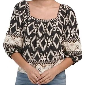 Christian Siriano Black and White Ikat Crochet Peasant Blouse